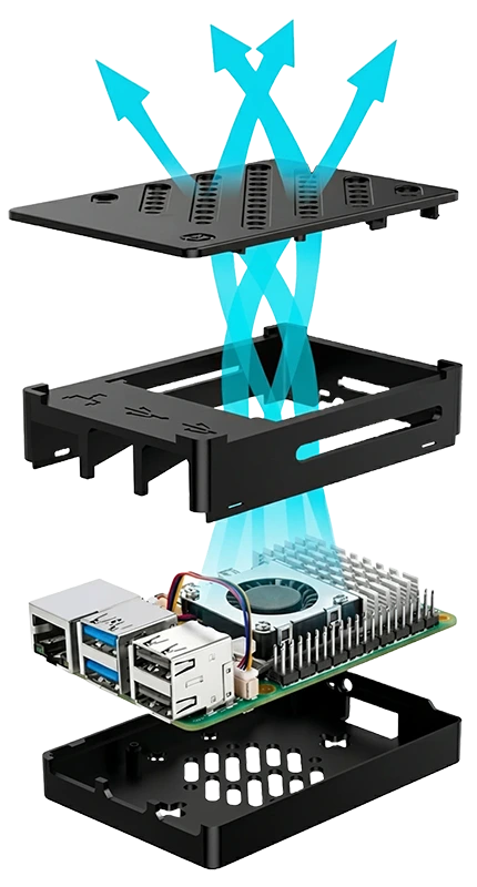 Raspberry Pi dentro de una carcasa negra con disipador, ventilador y rejillas, mostrando el flujo de aire optimizado usado como servidor de control parental y seguridad para internet.